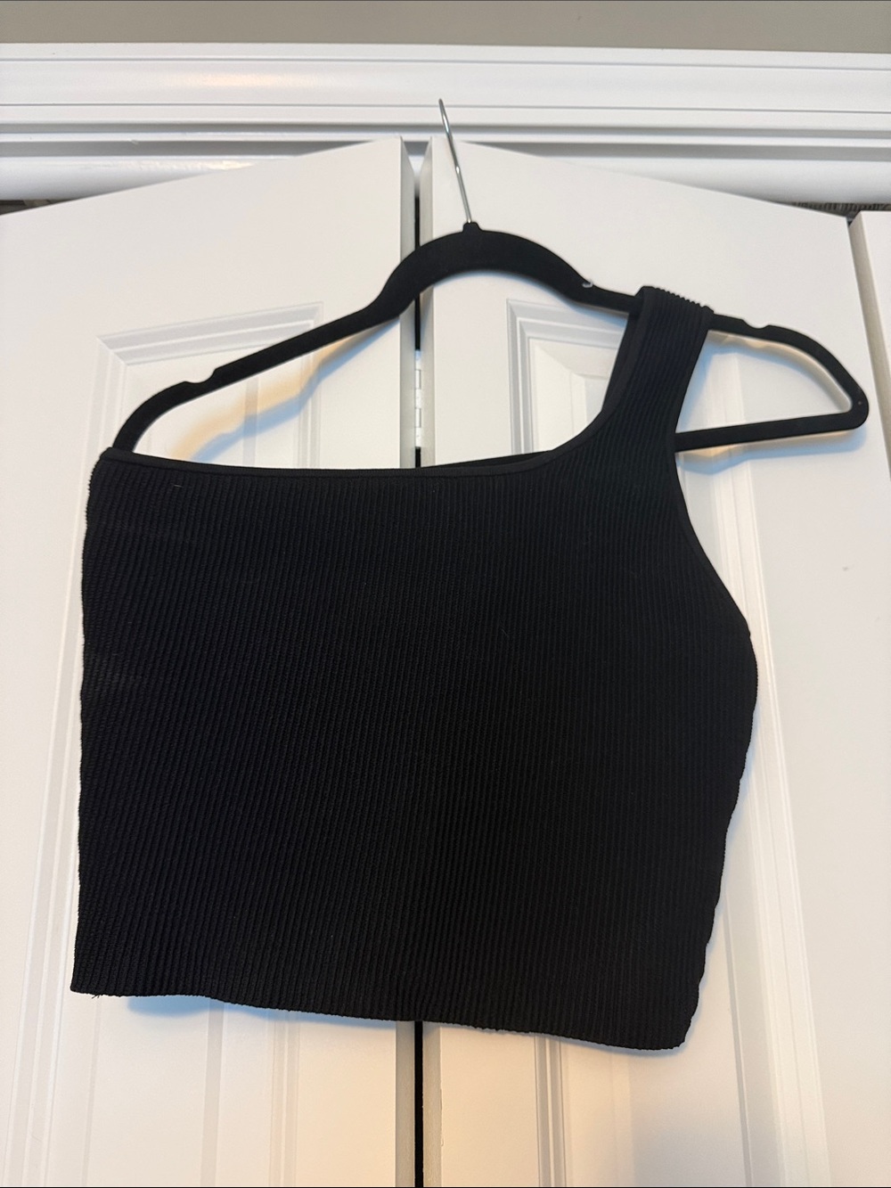 Quince Black Cropped One Shoulder Knit  Top